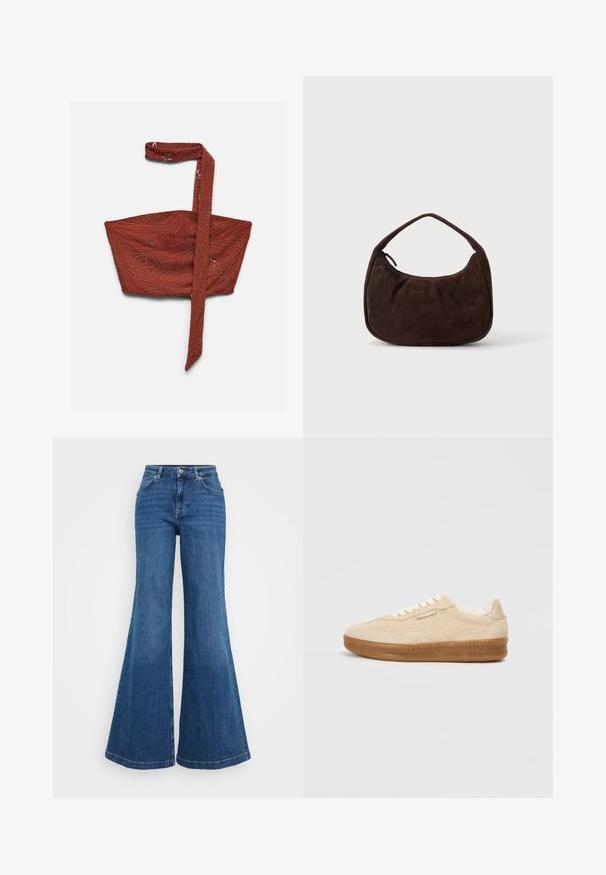 Crop-Top aus rostfarbenem Stoff mit einem Schulterriemen, verziert mit dezenten Perlenwirbel- und Sternmustern.; Blaue Schlagjeans aus Denim mit hoher Taille, die ein klassisches Fünf-Taschen-Design und eine glatte Textur aufweisen. Der Saum ist weit und verarbeitet.; Beige Wildlederschuh mit einer strukturierten Gummisohle, cremefarbenen Schnürsenkeln und einem flauschigen Innenfutter. Verfügt über ein dezentes Markenlabel an der Seite.; Dunkelbraune Wildlederhandtasche mit kurzem Riemen und abgerundeter rechteckiger Form auf einem einfarbigen hellen Hintergrund.