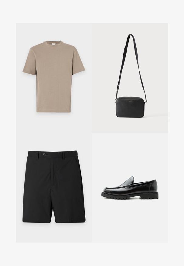 T-shirt en coton beige avec un col rond, des manches courtes et un ourlet droit. Texture lisse, design minimal, sans graphiques ni accents visibles.; Shorts noirs en tissu léger, dotés d'une fermeture à bouton, de deux poches latérales et d'une coupe droite. Texture lisse et design simple.; Mocassin en cuir noir avec semelle en caoutchouc épaisse, dessus cousu et nom de marque embossé sur le talon, présenté de profil sur fond blanc.; Sac bandoulière rectangulaire noir avec sangle réglable et logo BOSS sur le devant, sur un fond clair uni.