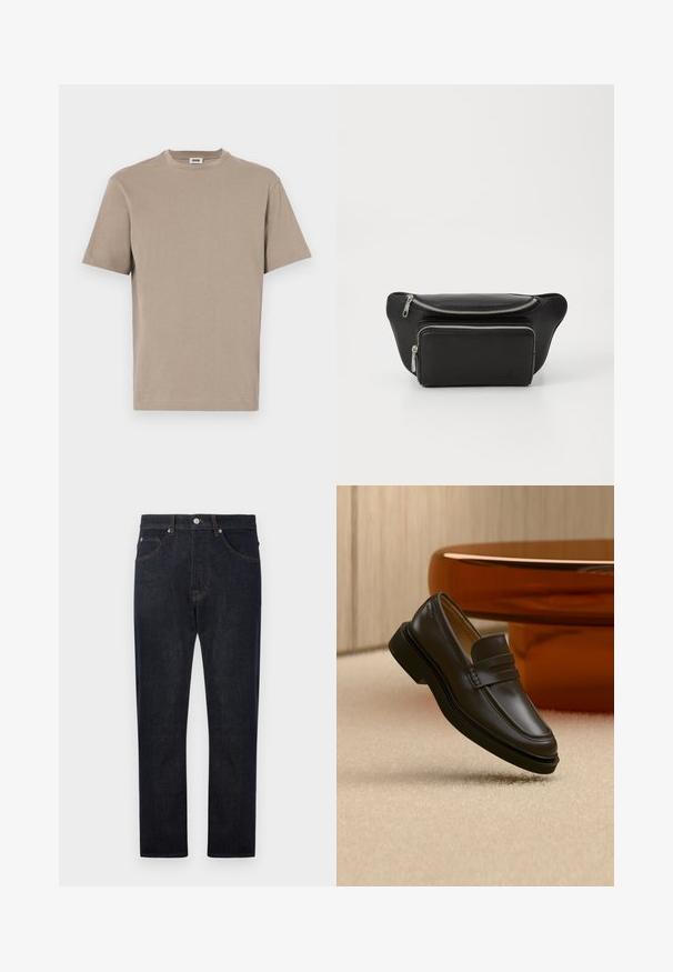 Beige bomulds t-shirt med rund hals, korte ærmer og lige kant. Glat tekstur, minimalistisk design, ingen synlige grafik eller accenter.; Mørkeblå denimjeans med lige ben-design, der har fem lommer, kontrastfarvet orange syninger og en knaplukning i taljen.; Sort læderloafer, der svæver over et beige tæppe med brunt afrundet møbel i baggrunden.; Sort læderhåndtaske med to lynlåslommer, glat tekstur, rund form og logo prægede på fronten. Sølv hardware accenter.