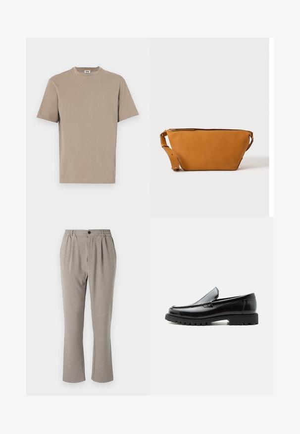 T-shirt en coton beige avec un col rond, des manches courtes et un ourlet droit. Texture lisse, design minimal, sans graphiques ni accents visibles.; Pantalons gris clair avec une coupe décontractée, fabriqués en tissu doux, présentant une taille élastique, des plis et une fermeture à un bouton.; Mocassin en cuir noir avec semelle en caoutchouc épaisse, dessus cousu et nom de marque embossé sur le talon, présenté de profil sur fond blanc.; Sac bandoulière en cuir marron clair avec sangle réglable et fermeture éclair, présenté sur un fond clair uni.