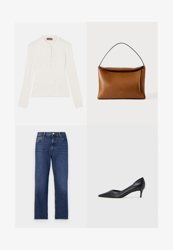 Langarmige witte geribde top met een henley-halslijn en een zesknopenlijst, met aangesloten manchetten en een licht getailleerde pasvorm.; Denim jeans in een donkerblauwe wassing. Rechte pijpen met vijf-pocket stijl, sluiting met een knoop aan de voorkant en contrasterende stiksels.; Zwarte leren pump met een puntige neus en lage hak. Heeft een gladde textuur en een subtiele glans. Open uitsparing aan de voorkant voor extra detail.; Rechthoekige schoudertas van beige leer met een enkele riem en een ritssluiting aan de bovenkant tegen een effen witte achtergrond.
