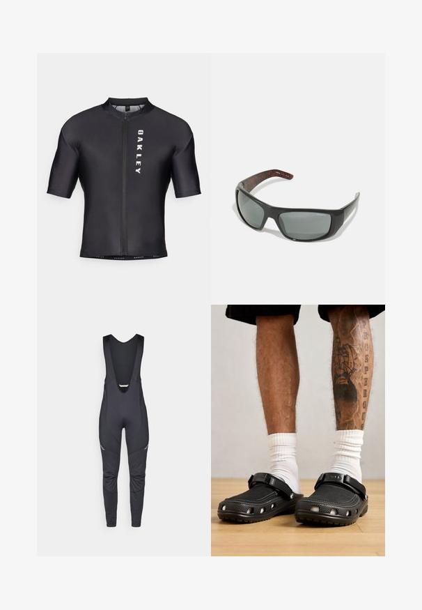 Korte mouwen fietstrui van zwart, glad materiaal. Heeft een ritssluiting aan de voorkant en "OAKLEY" in het wit gedrukt op de linkerkant.; Vaude MENS MATERA WARM - Lange fietsbroek met bandjes - black; Zwarte klompen met een gestructureerde bovenkant, verstelbare band en ventilatiegaten, gecombineerd met witte crew-sokken en shorts tot boven de knie.; Arnette HOT SHOT - Zonnebril - dark grey