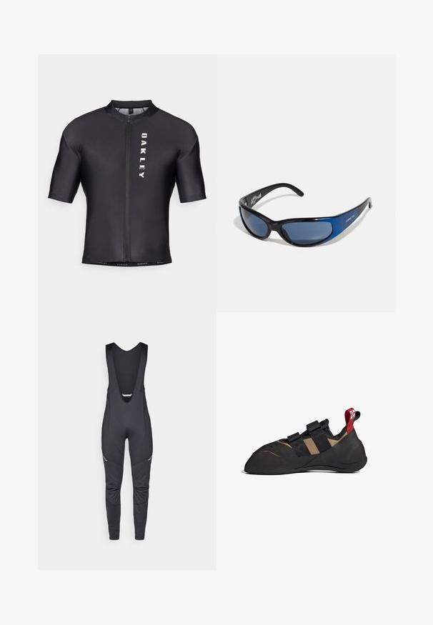 Kurzarm-Radtrikot aus schwarzem, glattem Stoff. Mit einem Reißverschluss an der Vorderseite und "OAKLEY" in Weiß auf der linken Seite bedruckt.; Vaude MENS MATERA WARM - Bib-Tights - black; Kletterschuh mit einem schwarzen und braunen Obermaterial aus Synthetik, ausgestattet mit zwei Klettverschlüssen, einer Gummisohle und einer roten Schlaufe an der Ferse.; Sonnenbrille mit schwarzem Kunststoffrahmen und blauen Akzenten, umschließendem Design, dunkel getönten Gläsern, mit strukturierten Bügeln und Logodetails.