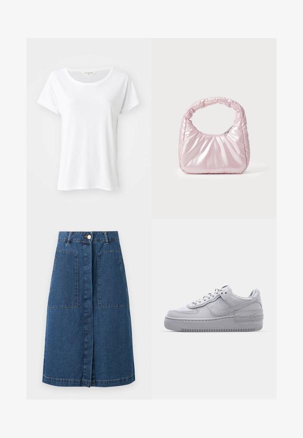 Weißes T-Shirt mit kurzen Ärmeln und rundem Halsausschnitt, aus glattem Stoff, mit leichtem und lockeren Schnitt, ohne sichtbare Muster oder Verzierungen.; Dunkelblauer Jeansrock knielang mit vorderer Knopfleiste, Gürtelschlaufen und zwei großen vorderen aufgesetzten Taschen.; Graue Nike Air Force 1 Sneaker mit perforierter Zehenpartie, Obermaterial aus glattem Leder, dicker Sohle und geprägtem 'AIR'-Detail an der Ferse.; Rosa, gepolsterte Handtasche mit abgerundeter Form, aus glänzendem Material gefertigt. Verfügt über einen gerafften Griff und einen Reißverschluss für sicheren Zugang.