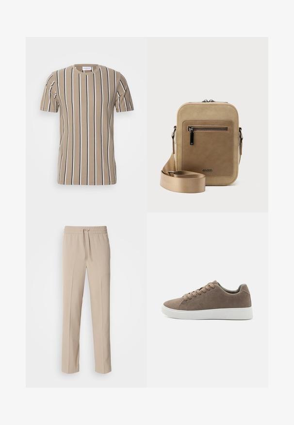 Beige bomulds t-shirt med horisontale striber i mørkebrun og hvid, rund hals og korte ærmer. Blød tekstur og afslappet design.; Beige, afslappede bukser lavet af blødt materiale, med elastisk talje og snøre samt lige ben med minimale detaljer.; Brune ruskinds sneakers med flade hvide gummisåler, snørelukning, rund tå og en glat overflade. Minimalistisk stil med diskrete syninger.; Lille beige crossbody-taske med lynlåslomme foran, metal ALDO-logo, justerbar bred rem og rundet rektangulær form på hvid baggrund.
