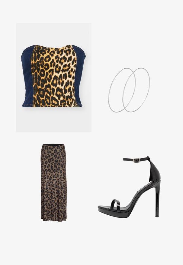 Denim en leeuwenkopprint tube top met een aansluitend ontwerp met een zwart en gouden dierenpatroon, aangevuld met donkerblauwe denim zijkanten.; Leopardprint rok in bruin en zwart, met een vloeiende vormgeving en een subtiele ruffle zoom, gemaakt van lichte, zachte stof.; Steve Madden MILANO - Sandalen met hoge hak - black; Zilveren hoepel oorbellen met een minimalistisch ontwerp. Cirkelvormig, gladde textuur en dun profiel. Lichtgewicht met een gepolijste afwerking.