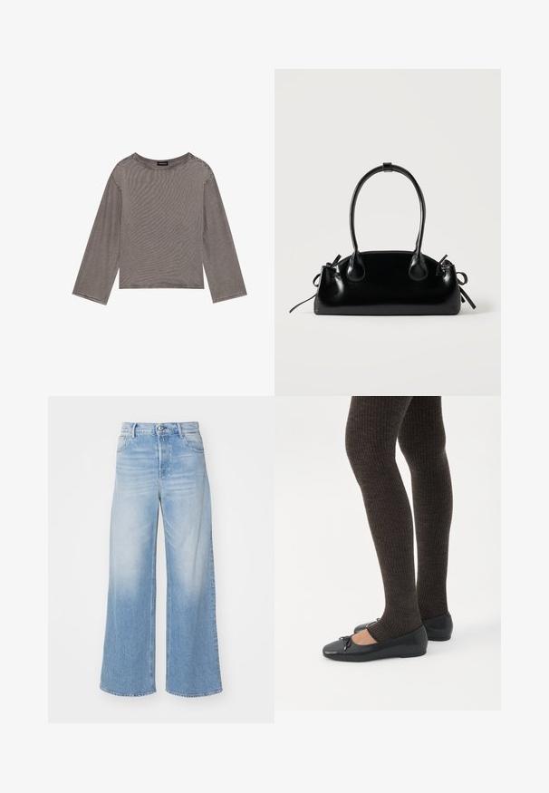 Grå langærmet top lavet af letvægtsstof med en løs pasform, der har en rund halsudskæring og rå kantdetaljer.; Lyseblå vide jeans lavet af denim, med høj talje, knaplukning og forlommer med diskrete slidninger. Lige kant.; Ben iført mørke ribbede leggings kombineret med sorte balletsko med små sløjfedetaljer på hvid baggrund.; Lille sort blank håndtaske med to lange håndtag og snøre-detaljer i siden på en ensfarvet lys baggrund.