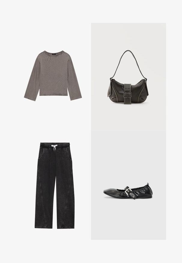 Un haut gris à manches longues en tissu léger avec une coupe décontractée, présentant un col rond et des accents à ourlet brut.; Pantalons noirs à jambes larges en tissu texturé. Comprend une taille élastique avec un cordon blanc et des poches avant avec des coutures diagonales.; Chaussure plate en cuir noir avec un nez pointu, des détails froncés autour de l'ouverture et un accent en boucle argentée sur la bride ajustable.; Sac à épaule en cuir noir avec une sangle à boucle, des bords arrondis et des coutures blanches contrastées sur un fond uni.
