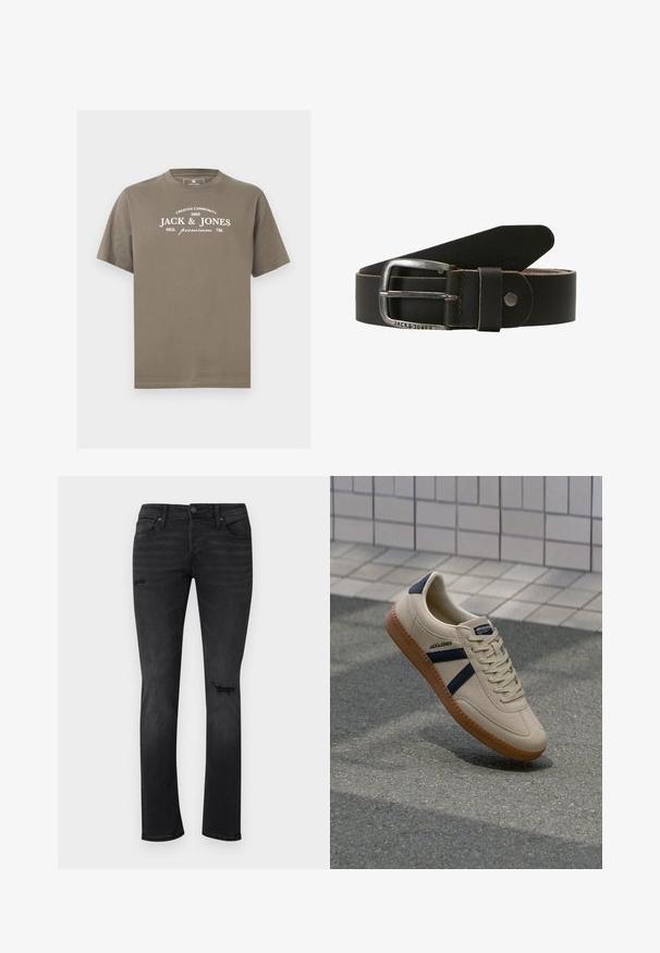 Brun t-shirt med korte ærmer og hvid "JACK & JONES" tekst samt kreativ community 1990 branding på brystet, rund halsudskæring.; Sorte denimjeans med slim fit, med synlige slidte områder ved knæene, fem lommer og en standard knap- og lynlåslukning.; Beige sneaker med struktureret overflade, marineblå striber og gummisål. Har en polstret tunge og traditionelt snørresystem for en sikker pasform.; Sort læderbælte med en sølvfarvet metalspænde, der har en glat tekstur og et enkelt prong-design. Mærke logo præsenteret nær spænder.