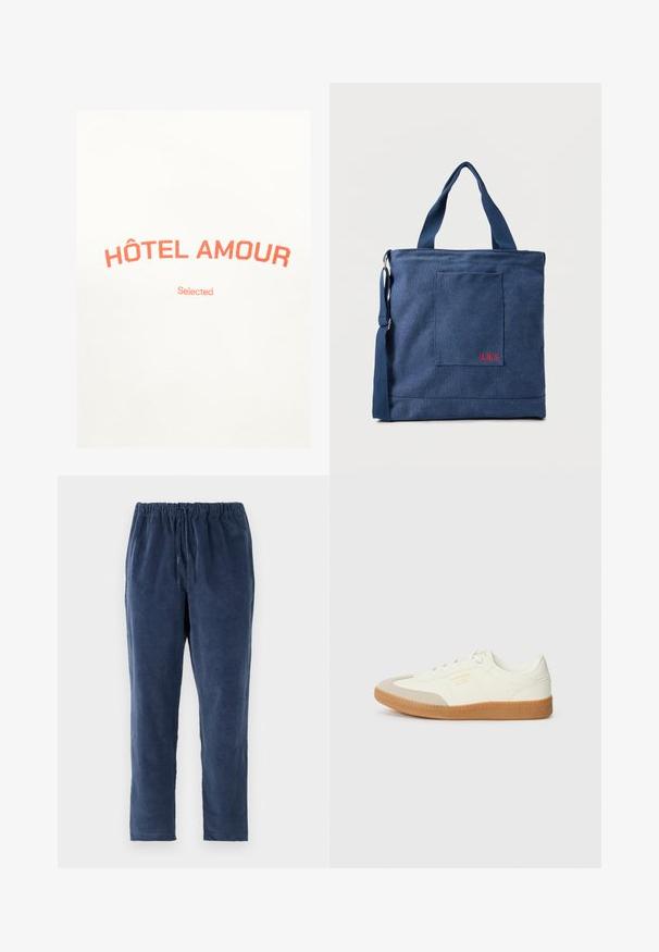 Weißer Stoff mit orangefarbener Schrift „HÔTEL AMOUR“, die sich bogenförmig über dem kleineren zentrierten Schriftzug „Selected“ befindet.; Marineblaue Hose mit weicher Textur, elastischem Bund und geradem Bein. Keine Taschen. Der Stoff sieht leicht aufgeraut aus.; Sneaker aus weißem Leder mit einer beigen Zehenkappe und leichter brauner Gummisohle. Verfügt über flache weiße Schnürsenkel und geprägtes Branding an der Seite.; Blauer Canvas-Einkaufstasche mit Vordertasche und roter "O.N.S" Stickerei, ausgestattet mit zwei Griffen und einem verstellbaren Schulterriemen.