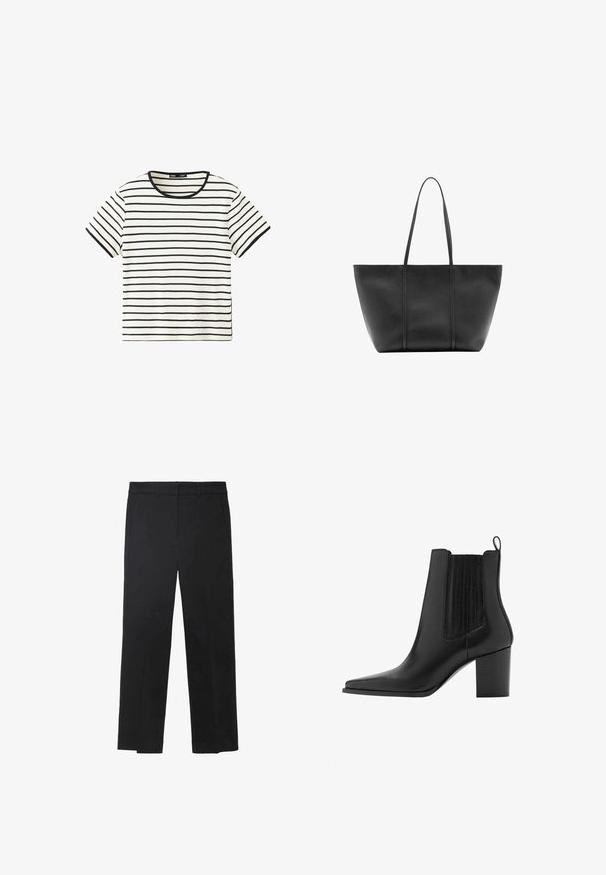 Chemise blanche à manches courtes avec fines rayures noires horizontales et un col rond noir.; Pantalon noir en tissu lisse, avec une coupe droite, des passants pour ceinture et deux poches avant. Design sur mesure avec des lignes épurées.; Bottine en cuir noir avec bout pointu, talon bloc, languette de traction et panneaux latéraux élastiques pour faciliter l'enfilage.; Sac cabas en cuir noir avec de longues anses fines, une surface texturée et une ouverture large en haut.