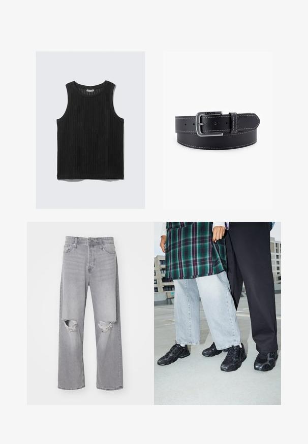 Schwarzes ärmelloses Oberteil aus strukturiertem Rippenstoff. Verfügt über einen rund ausgeschnittenen Ausschnitt und einen geraden Saum. Einfaches Design ohne zusätzliche Akzente.; Hellgraue Jeans aus Denim mit hoher Taille, weit geschnittenem Bein und ausgerissenen Knien; klassisches Fünf-Taschen-Design und Metallknopfverschluss.; Schwarze Sportschuhe mit Mesh- und Gummielementen. Kombiniert mit hellgrauen weiten Jeans und einem karierten grünen Oberteil. Flacher Hintergrund.; Schwarzer Ledergürtel mit einer silberfarbenen Metallschnalle, kontrastierender weißer Naht und glatter Oberfläche. Verfügt über mehrere Einstelllöcher.