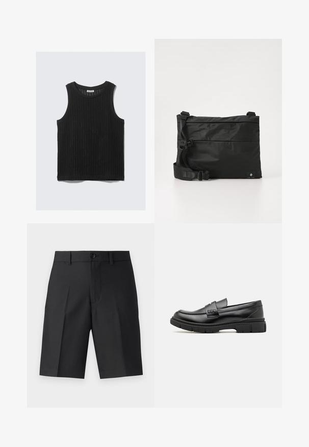 Sort ærmeløs top lavet af tekstureret ribbet stof. Har en rundet halsudskæring og en lige kant. Enkel design uden yderligere accenter.; Sorte skræddersyede shorts lavet af letvægtsstof, med lige snit, enkelt plisseringer og lukning med en frontknap.; Sort læder loafersko med en bred rem over forfoden, gummisål med tykke mønstre og glat overflade. Klassisk, slankt design.; Sort nylon messenger-taske med justerbar rem, fladt design og et sideetiket med et logo. Glat tekstur og minimalistisk stil.