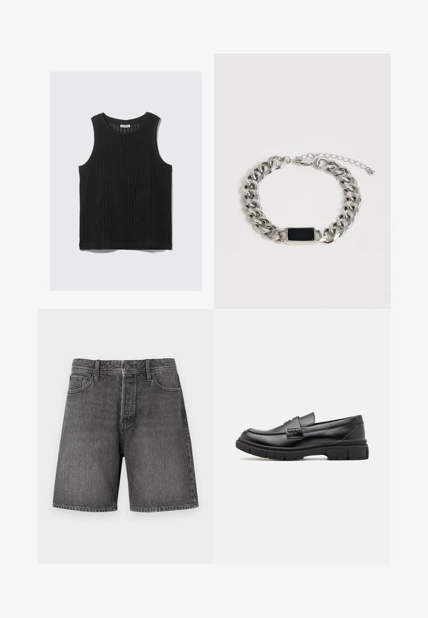 Sort ærmeløs top lavet af tekstureret ribbet stof. Har en rundet halsudskæring og en lige kant. Enkel design uden yderligere accenter.; Mørkegrå denimshorts med et klassisk fem-lomme design, knap- og lynlåslukning, lige pasform og en let falmet struktur over det hele.; Sort læder loafersko med en bred rem over forfoden, gummisål med tykke mønstre og glat overflade. Klassisk, slankt design.; Sølvkæde armbånd med en sort rektangulær plade og justerbar lås på en lys baggrund.
