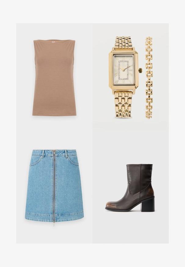 Mouwloze lichtbruine dames top met boot halslijn, gemaakt van zachte stof, plat weergegeven op een lichte achtergrond.; Lichtblauwe denim rok met een rits aan de voorkant, ceintuurlussen en voorzakken, weergegeven tegen een effen achtergrond.; Donkerbruine leren laars tot halverwege het kuit met een ronde neus en blokhak, met subtiele slijtageplekken op de neus en hak.; Gouden rechthoekig polshorloge met gekoppelde metalen band, Romeinse cijferwijzerplaat, kristalaccenten rondom de binnenste rechthoek en bijpassende gouden armband.
