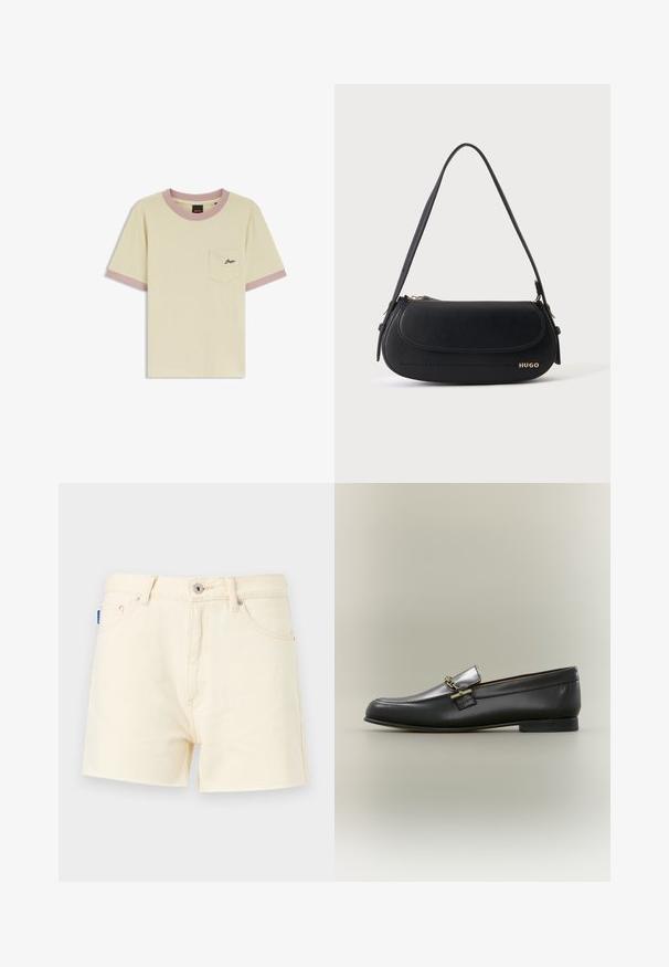 Beige T-shirt met korte mouwen met lichtroze kraag en manchetten, voorzak op de borst met geborduurd "Boss" logo.; Crème denim shorts met een rechte snit, voorzien van een sluiting met een knoop aan de voorzijde en een vijf-pocket ontwerp. Gestructureerde stof met stikdetails.; Zwarte leren loafer met zilveren bovenkant, gouden kettingdetail, lage hak en afgeronde neus op een neutrale achtergrond.; Zwarte leren schoudertas met gebogen klep, gouden "HUGO" logo aan de voorkant en een enkele verstelbare riem.