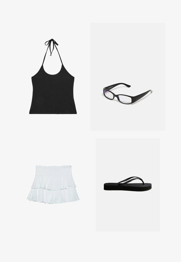 Čierny crop top s halter golierom a tenkými ramienkami zviazanými na krku, s nízkym vykrojením vpredu aj vzadu.; Biela tiered sukňa vyrobená z jemnej, ľahkej tkaniny. Má smockovaný pás a splývavé volány, ktoré vytvárajú objem a pohyb.; Čierna gumená žabky s textúrovanou podrážkou a Y-tvarovaným remienkom, zobrazené z boku na svetlom jednoduchom pozadí.; Čierne obdĺžnikové okuliare s priehľadnými šošovkami. Lesklý povrch, úzke ramená a fialový nádych viditeľný na okrajoch šošoviek.