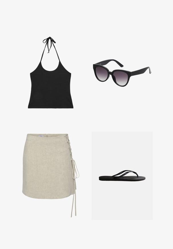 Sort halterneck-croptop med tynde stropper, der er bundet ved halsen, og med lavt udskåret front og ryg.; Beige linnedraperet nederdel med en snørredetalje på venstre side, lige snit og lynlås i ryggen. Glat, tekstureret stof.; Sort gummiflip-flop sandal med tekstureret fodseng og tynde Y-formede remme på en ensartet hvid baggrund.; Sorte katteøjede solbriller med gradient grå linser. Tykk, blank plastikramme og aftagende stænger. Ingen synlig branding eller udsmykninger.