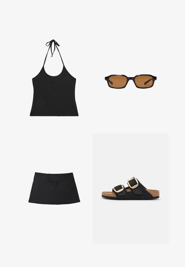 Schwarzes Neckholder-Crop-Top mit dünnen Trägern, die am Hals gebunden sind, und einem tief ausgeschnittenen Vorder- und Rückenteil.; Schwarzer kurzer Rock mit breitem Bund und einfachen Nahtdetails, flach auf weißem Hintergrund ausgelegt.; Schwarze Wildleder-Sandalen mit zwei breiten Riemen, die jeweils eine große goldene Schnalle haben, sowie einer natürlichen Korkfußbett und einer strukturierten Gummisohle.; Schwarze rechteckige Sonnenbrille mit dickem Rahmen und braunen getönten Gläsern, von vorne auf weißem Hintergrund gezeigt.