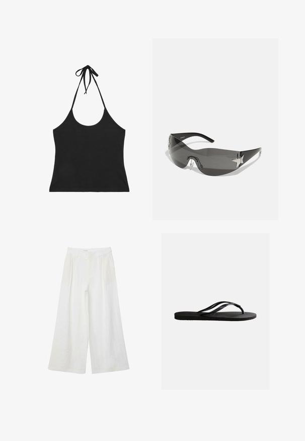 Crop top noir à col halter avec fines bretelles nouées autour du cou et décolleté plongeant devant et derrière.; Pantalon large en lin blanc avec plis devant et passants de ceinture, conçu pour une coupe ample et décontractée.; Sandale tong en caoutchouc noir avec semelle texturée et fines brides en Y sur un fond blanc uni.; Lunettes de soleil noires avec un design enveloppant, verres teintés foncés, accents brillants en forme d'étoile et plaquettes de nez ajustables.