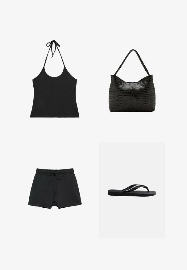 Crop top noir à col halter avec fines bretelles nouées autour du cou et décolleté plongeant devant et derrière.; Short décontracté noir avec taille élastique et cordon, doté de poches latérales et d'une coupe ample.; Sandale tong noire en caoutchouc avec semelle texturée et brides lisses, vue de côté sur un fond gris clair uni.; Sac bandoulière en cuir noir tressé avec une lanière unique tressée et une forme douce et rectangulaire arrondie.