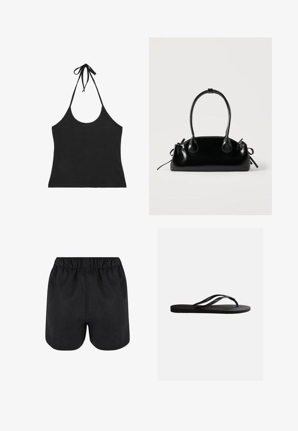 Crop top noir à col halter avec fines bretelles nouées autour du cou et décolleté plongeant devant et derrière.; Shorts noirs avec une taille élastique. Tissu doux, design simple et ourlet légèrement arrondi en bas. Pas de motifs ou de logos visibles.; Sandale tong en caoutchouc noir avec semelle texturée et fines brides en Y sur un fond blanc uni.; Petit sac à main noir brillant avec deux longues anses et des détails à cordon sur les côtés sur un fond clair uni.