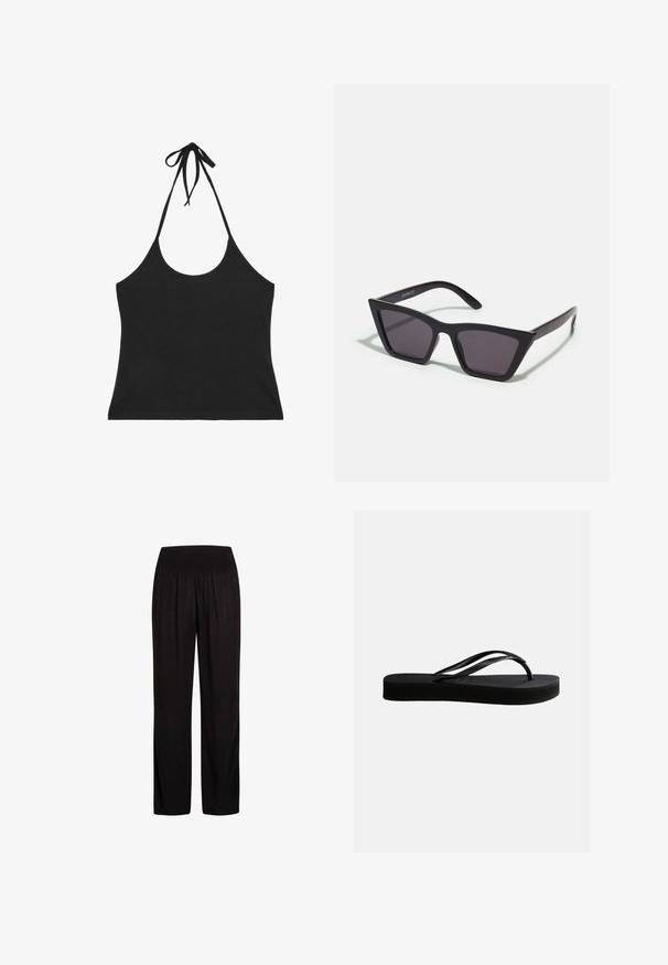 Crop top noir à col halter avec fines bretelles nouées autour du cou et décolleté plongeant devant et derrière.; Pantalon noir à jambes larges en tissu léger avec une ceinture smockée. Présente une coupe décontractée et une légère texture sur toute la surface.; Tongs en caoutchouc noir avec semelle texturée et bride en forme de Y, vues de côté sur un fond clair uni.; Lunettes noires angulaires avec des verres gris ; fabriquées en plastique, avec des branches épaisses à la surface lisse et sans matériel visible.