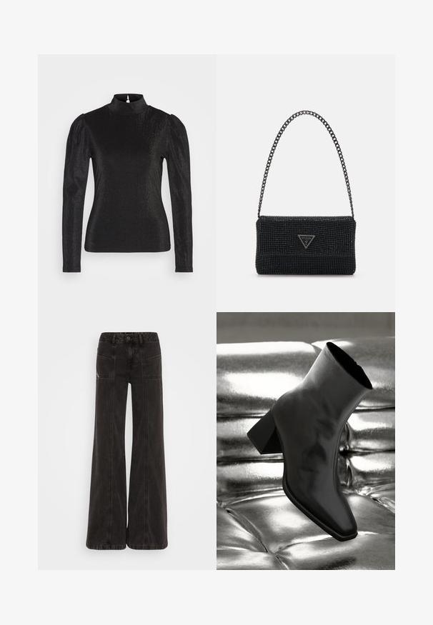 Chemise noire à manches longues avec un col montant, présentant des épaules bouffantes et un tissu brillant et texturé qui crée un subtil effet scintillant.; Jeans noirs à jambe large en denim, avec une taille haute, des poches avant et des coutures ton sur ton le long des coutures.; Botte noire à la cheville en matériau brillant avec un bout carré et un talon effilé, sur un fond argenté brillant et capitonné.; Sac à main noir perlé avec une surface texturée, doté d'une bandoulière en chaîne et d'une plaque logo triangulaire à l'avant. Forme rectangulaire compacte.