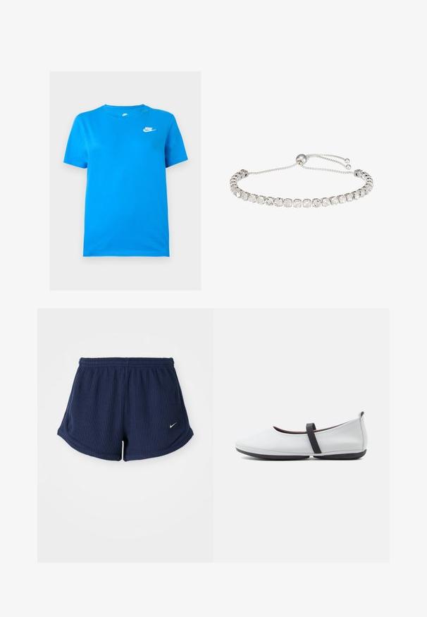 Blauw short-sleeve Nike T-shirt met ronde hals en wit Nike-logo op de bovenste linkerborst tegen een effen achtergrond.; Marineblauwe, geribbelde sportshorts met een elastische tailleband, voorzien van een klein wit Nike-logo aan de onderzijde. Zachte stof.; Witte balletschoenen van glad leer, met een laag profiel, een afgeronde neus en een zwarte elastische band over de wreef.; Verstelbare zilveren armband met heldere synthetische stenen in een verzonken zetting. Voorzien van een schuifballensluiting voor maatwerk.