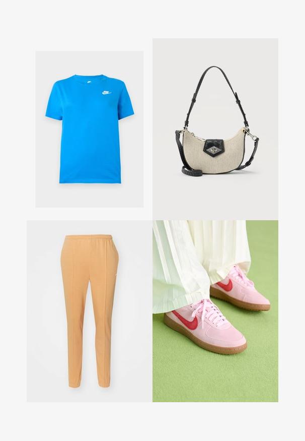 Sinine lühikeste varrukatega Nike T-särk ümara kaelusega ja valge Nike logoga ülemisel vasakul rinnal, ühevärvilise taustaga.; Kergelt kotkast valmistatud oranžid jooksupüksid, millel on elastne vöökoht, kitsenevad jalad ja peene valge logo vasakul reitel.; Roosa sametist jooksujalatsid punase logoga ja sobivate paeltega. Üks on helepruunist kummist. Kandmine valgete voltidega pükstega rohelisel pinnal.; Väike beež kangast käekott musta tekstuurse nahkviimistlusega, reguleeritava õlarihmaga ja hõbedatooni kinnitusdetailidega.
