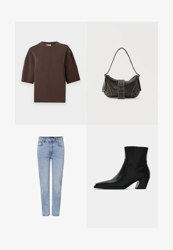 Camiseta de algodón marrón de manga corta oversize con cuello redondo, mostrada sobre un fondo liso de color gris claro.; Vaqueros azul claro de tiro alto y pierna recta con botón delantero, cremallera y diseño de cinco bolsillos.; Bota de tobillo de cuero negro con punta afilada, una silueta elegante y un tacón cuadrado grueso. Textura suave con detalles de costura mínimos.; Bolso de hombro de cuero negro con detalle de correa con hebilla, bordes curvos y costuras blancas en contraste sobre un fondo liso.