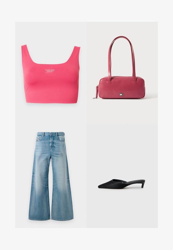 Pink croppet tanktop med firkantet udskæring, lavet af glat stof, med "tom my jeans" broderet i hvidt midt foran.; Lysblå denim jeans med brede ben, let falming og slid på forlommer, knaplukning og bæltestropper.; Sorte suedeslippers med spids tå og lav hæl. Har en glat tekstur og åben ryg for nem påklædning. Simpelt design uden mønstre.; Lyserød læderhåndtaske med rektangulær form, dobbelte håndtag og en lille metalemblem på fronten, med en glat, blank tekstur.