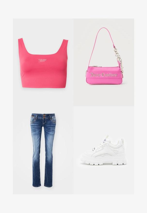 Top corto rosa sin mangas con escote cuadrado, confeccionado en tela suave, con "tom my jeans" bordado en blanco en el centro delantero.; Vaqueros de denim en un degradado de azul claro a oscuro, con un diseño clásico de cinco bolsillos, detalles de botones de metal y un corte recto.; Zapatillas deportivas blancas y gruesas con un revestimiento texturizado, cuello acolchado y suela gruesa y estriada. Presentan cordones negros en contraste y un detalle de marca.; Bolso pequeño de Juicy Couture de color rosa brillante con detalle de cadena plateada y letras del logo en el frente, con una sola correa estrecha para el hombro.