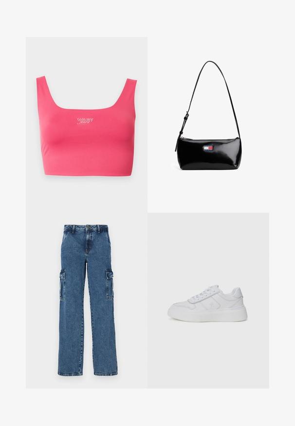 Rosa kurzes Tanktop mit eckigem Ausschnitt, aus glattem Stoff, mit "tom my jeans" in Weiß in der Mitte vorne bestickt.; Blaue Denim-Cargohosen mit lockerer Passform, ausgestattet mit zwei Seitentaschen, verstärkten Nähten und einem geraden Bein-Design.; Tommy Hilfiger SNEAKER - Sneaker low - white; Schwarze Lackleder-Schultertasche mit einem gebogenen Tragegurt, Reißverschlussverschluss und einem rechteckigen Logopatch in Rot, Weiß und Blau.