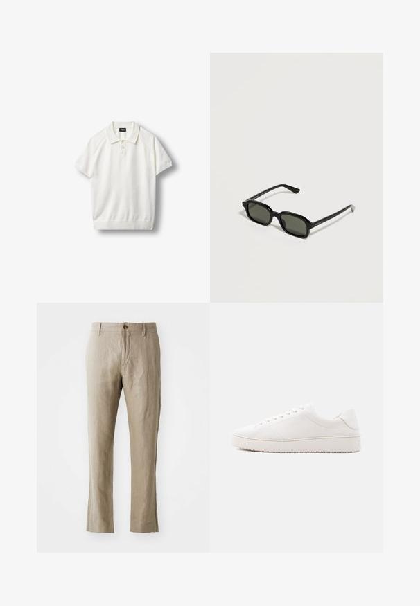 Polo blanc à manches courtes avec manches et ourlet côtelés, patte à deux boutons et col sur un fond uni.; Pantalons en lin beige à coupe droite, avec une fermeture à bouton à l'avant et une texture lisse. Sans motifs ni accents visibles.; Baskets en cuir blanc à finition lisse, bout rond, laçage à six œillets et semelle en caoutchouc texturée. Design minimaliste sans motifs.; Lunettes de soleil rectangulaires noires avec des verres foncés et des branches fines, présentées sur un fond clair et neutre.
