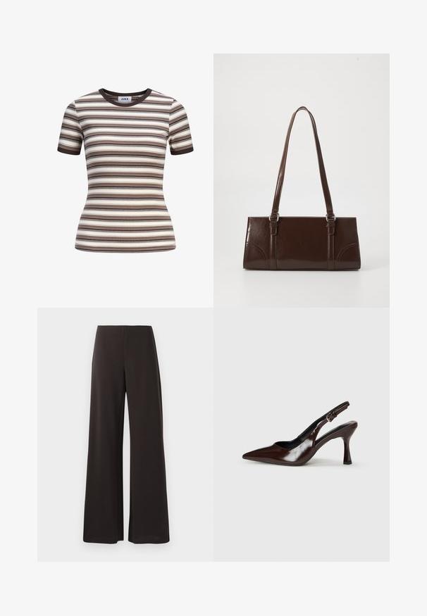 Haut près du corps à manches courtes côtelées avec des rayures horizontales en marron, beige, crème et noir, avec un col rond et des poignets de manches marron foncé.; Pantalons larges noirs en tissu lisse et extensible. Ils présentent une taille haute et un design épuré et minimaliste sans fermetures visibles.; Talons slingback en cuir verni brun avec un bout pointu, un talon fin, et une sangle réglable avec une petite boucle.; Sac à main en cuir verni marron de forme rectangulaire, avec deux longues poignées et des accents courbés subtils à l'avant.
