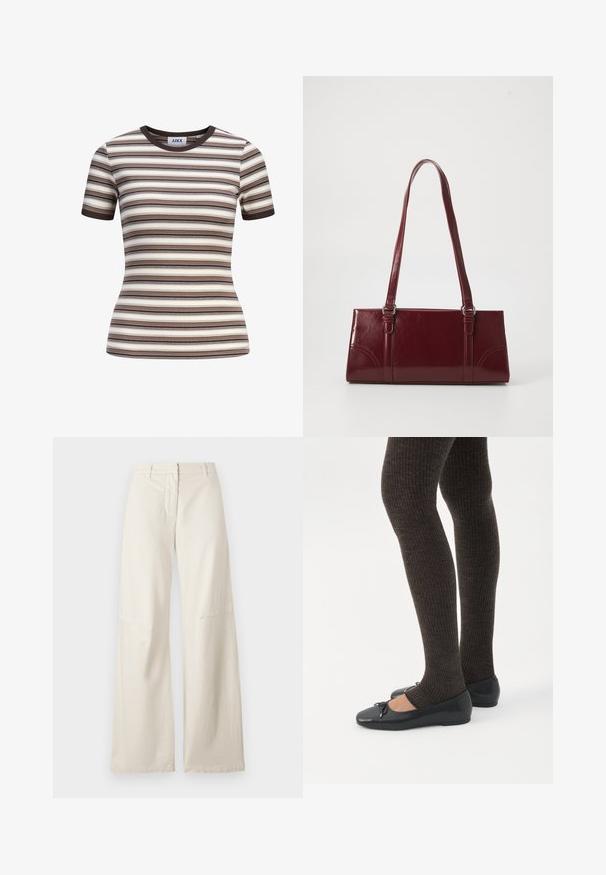 Camiseta ajustada de manga corta con canalé y rayas horizontales en marrón, beige, crema y negro, con cuello redondo y puños de manga en marrón oscuro.; Pantalones de pierna ancha en una tela de algodón color crema. Presentan una cintura alta, un diseño estructurado y detalles de costura mínimos. Parte delantera plana con bolsillos.; Piernas con leggings oscuros acanalados combinados con bailarinas negras que presentan pequeños detalles de lazo sobre un fondo blanco.; Bolso burdeos hecho de material brillante, de forma rectangular, con dos asas para el hombro y sutiles acentos curvados en la parte frontal.