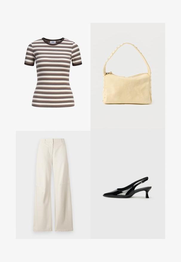 Eng anliegendes, kurzärmeliges Rippenoberteil mit horizontalen Streifen in Braun, Beige, Creme und Schwarz sowie dunkelbraunem Rundhalsausschnitt und Ärmelbündchen.; Weite Hose aus cremefarbenem Baumwollstoff. Merkmale sind eine hohe Taille, ein strukturiertes Design und minimale Nahtdetails. Flatter Vorderseite mit Taschen.; Schwarze Lackleder Slingback-Schuhe mit spitzem Zehenbereich und niedrigem Blockabsatz. Verstellbarer Riemen mit Schnalle am Knöchel.; Kleine beige Ledertasche mit einem einzigen Riemen und silbernen Nieten entlang der Kanten und des Riemens, vor einem schlichten Hintergrund.