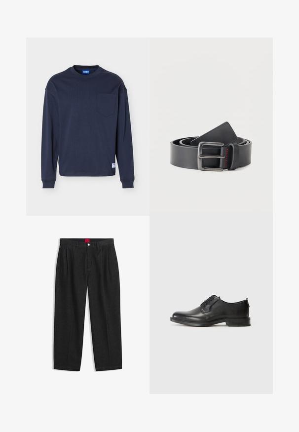 Camiseta de manga larga y cuello redondo de color azul marino con bolsillo en el pecho, puños acanalados y una pequeña etiqueta blanca de la marca cerca del dobladillo.; Pantalones negros de talle alto con pliegues delanteros, trabillas para cinturón, cierre con botón y cremallera, y una etiqueta roja en el interior de la cintura.; Zapato de vestir para hombre de cuero negro con cordones, tacón bajo y acabado suave, mostrado en perfil lateral sobre un fondo claro y liso.; Cinturón de cuero negro enrollado con hebilla rectangular de metal y pequeño detalle de costura roja en la presilla, sobre fondo blanco liso.