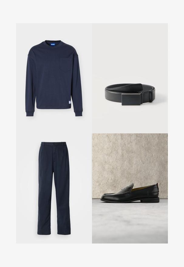 Chemise à manches longues bleu marine avec col rond, poche poitrine, poignets côtelés et une petite étiquette de marque blanche près de l'ourlet.; Pantalon bleu marine en mélange de coton. Présente une coupe droite, une fermeture à bouton sur le devant et de légères plis. Texture douce.; Mocassin pour homme en cuir noir avec un dessus embossé effet croco et un petit talon, présenté de profil sur un fond neutre.; Ceinture en cuir noir enroulée avec une boucle noire mate rectangulaire et un logo embossé discret sur fond blanc.