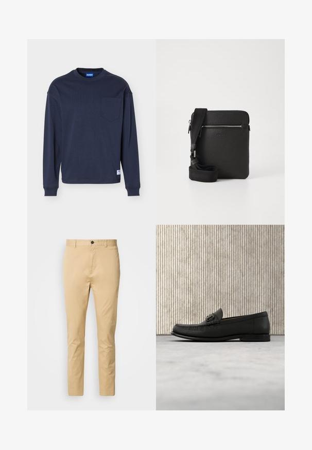 Chemise à manches longues bleu marine avec col rond, poche poitrine, poignets côtelés et une petite étiquette de marque blanche près de l'ourlet.; Chinos beiges en coton avec une texture lisse. Comprend une fermeture à bouton, des passants de ceinture et une taille fuselée vers la cheville.; Mocassin en cuir noir avec détail de mors en métal, présenté au-dessus d'un tapis beige, avec une table ronde marron en arrière-plan.; Sac à bandoulière en cuir noir avec une surface texturée, poche avant zippée et une sangle en tissu réglable. Design simple et carré.