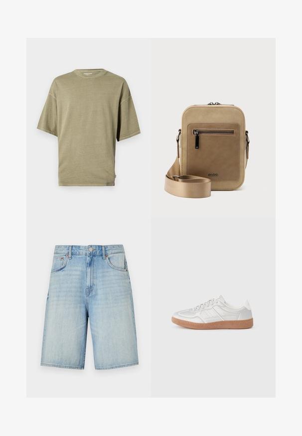 Olijfgroene T-shirt met korte mouwen, gemaakt van zachte stof, met een ronde halslijn en een losse pasvorm met gestikte zomen.; Lichtblauwe denimshorts met een rechte snit, voorzien van een knoop- en ritsluiting, vijf zakken en een licht vervaagde afwerking.; Zilveren sneakers met een gladde textuur, vetersluiting, geperforeerde accenten en een gestructureerde bruine rubberen zool.; Kleine beige crossbodytas met een voorvak met ritssluiting, metalen ALDO-logo, verstelbare brede band en afgeronde rechthoekige vorm op een witte achtergrond.