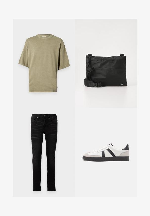 Olijfgroene T-shirt met korte mouwen, gemaakt van zachte stof, met een ronde halslijn en een losse pasvorm met gestikte zomen.; Zwarte skinny jeans met een gladde denimtextuur, traditionele vijf-pocketontwerp, ritsluiting en subtiele vervaging details op de stof.; Witte sneaker met zwarte en grijze accenten, voorzien van een grijze neus met textuur, zwarte rubberen zool en platte witte veters. Schoon ontwerp, minimalistische stijl.; Zwarte nylon boodschappentas met verstelbare riem, plat ontwerp en een zijlabel met een logo. Soepele textuur en minimalistische stijl.