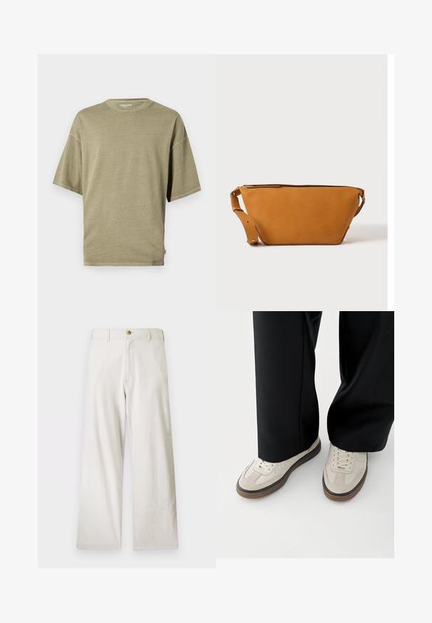 Camiseta de manga corta color verde oliva hecha de una tela suave, con cuello redondo y un corte relajado, con dobladillos cosidos.; Pantalones de pierna ancha beige fabricados en algodón, con cremallera y cierre de un botón. Cuenta con bolsillos frontales y un acabado de tela texturizada.; Pies con zapatillas beige con suelas marrones y pantalones negros de pierna ancha sobre un fondo blanco.; Bolso bandolera de cuero marrón claro con correa ajustable y cierre de cremallera, mostrado sobre un fondo claro y liso.