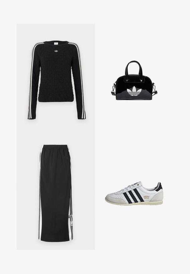Suéter de punto negro con superficie texturizada, mangas largas, cuello redondo y rayas laterales blancas con un logo bordado en el pecho.; Falda deportiva larga negra con paneles laterales blancos y franjas negras, cintura elástica y parche con el logo de Adidas cerca del dobladillo inferior.; Zapatilla blanca con rayas negras y marca dorada. Presenta materiales de ante y cuero, parte superior perforada y suela de goma texturizada.; Bolso de mano de charol negro con forma redondeada, dos asas en la parte superior, acentos plateados y un prominente logotipo blanco en la parte delantera.