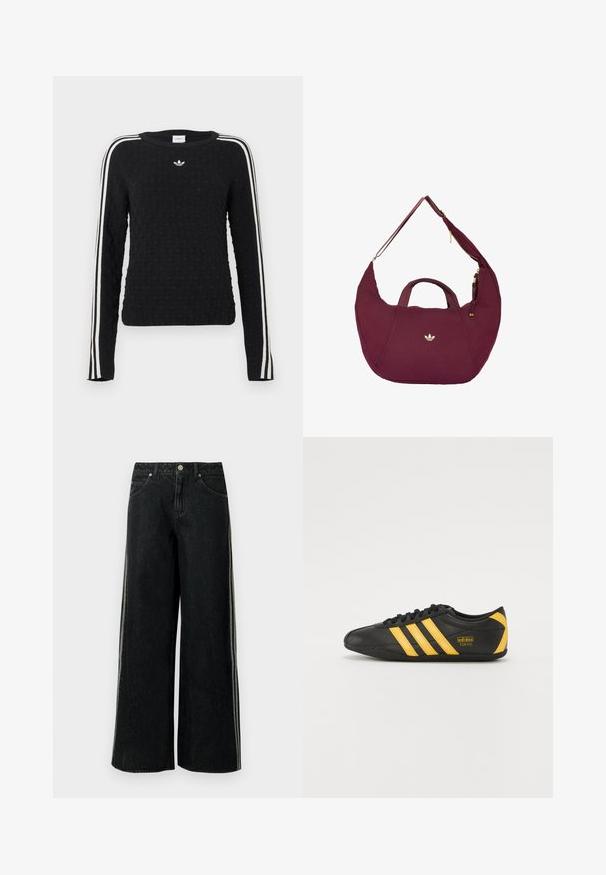 Sort strikket sweater med tekstureret overflade, lange ærmer, rund hals og hvide sidelister med et broderet logo på brystet.; Sorte vidde denimjeans med sidelommer, forlommer, bæltestropper og en metal lynlås ved taljen.; Sort lædersportssko med gult tre-stribe design, rund tå, sorte snørebånd og lille logo på siden. Lavprofil silhuet.; Vinrød skuldertaske i halvmåneform med dobbelte håndtag og gyldent lynlås, med et lille gyldent Adidas-logo på midten foran.