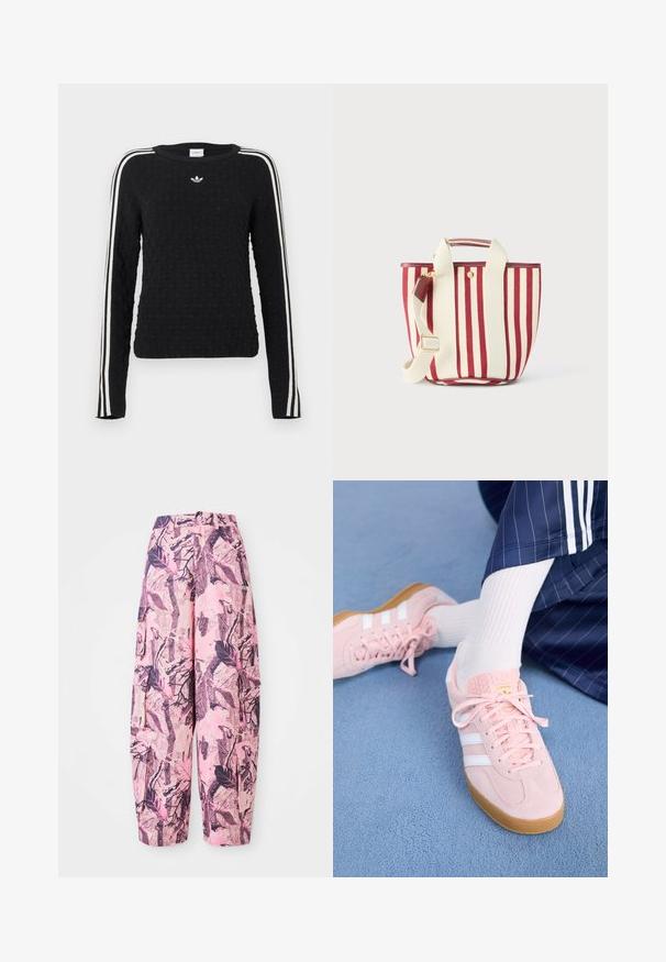 Suéter de punto negro con superficie texturizada, mangas largas, cuello redondo y rayas laterales blancas con un logo bordado en el pecho.; Los pantalones de pierna ancha, de colores rosa y púrpura, presentan un diseño de hojas y ramas, con una cintura alta y bolsillos laterales para mayor funcionalidad.; Zapatillas de suéd de color rosa claro con rayas y cordones blancos, que presentan una lengüeta texturada y una suela de goma, colocadas sobre una alfombra azul.; Bolso pequeño tipo tote con rayas verticales rojas y blancas, dos asas de tela color crema y una correa de hombro ajustable con hebilla dorada.