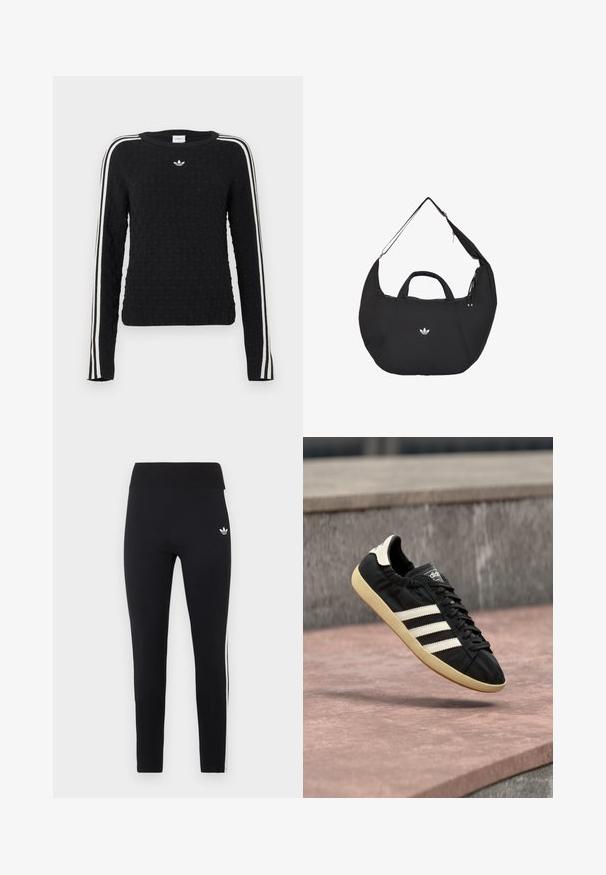 Sort strikket sweater med tekstureret overflade, lange ærmer, rund hals og hvide sidelister med et broderet logo på brystet.; Sorte højtaljede trænings leggings med hvidt logo på hoften og tre hvide striber, der løber ned ad siderne.; Sort Adidas sneaker med hvide striber og beige sål, fanget i luften over en stenet overflade og baggrund af en stenmur.; Sort halvmåneformet Adidas taske med dobbelte håndtag og en justerbar skulderrem, der viser det hvide Adidas trefoil-logo midt for.