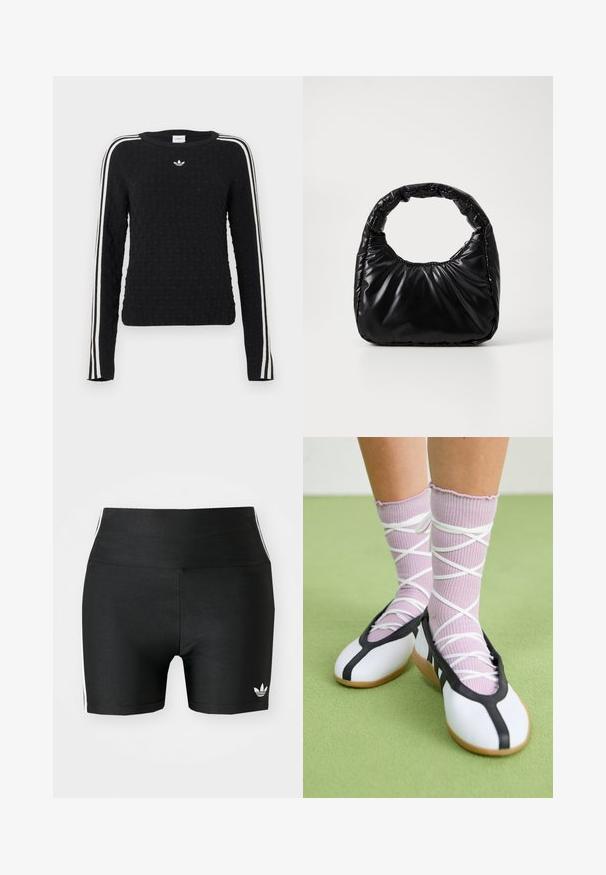 Sort strikket sweater med tekstureret overflade, lange ærmer, rund hals og hvide sidelister med et broderet logo på brystet.; Sorte atletiske shorts i en strækbar kvalitet med høj talje. Har hvide side-striber og et lille hvidt logo ved sømmen.; Ben iført ribbet lilla sokker med hvide krydsede stropper kombineret med hvide balletsko med sort kant på grøn gulv.; Sort polstret håndtaske med et rundt håndtag, der har en glat, skinnende overflade og en blød, kviltet tekstur. Ingen synlige hardware eller accenter.