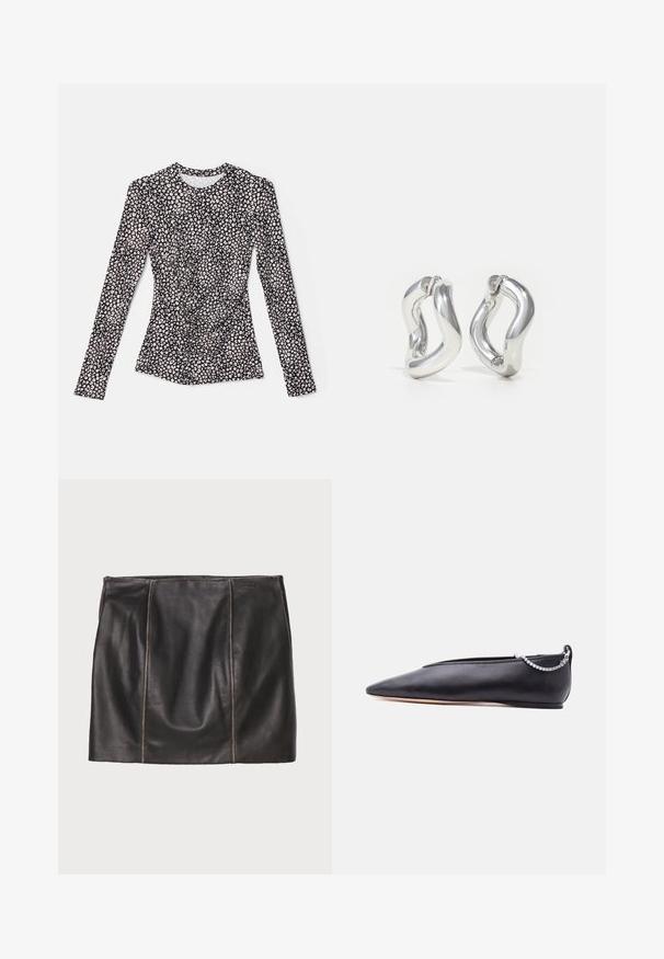 Blusa de manga larga con base negra y estampado floral en blanco y rosa, cuello redondo, diseño ajustado y tejido texturizado.; Falda de cuero negra con detalles de paneles cosidos, silueta recta y textura suave. Diseño minimalista sin herrajes.; Zapato plano de cuero negro con punta, tacón bajo y detalle de cadena plateada en la parte trasera sobre un fondo liso.; Pendientes de aro plateados con un diseño retorcido. Bordes redondeados y acabado brillante. Cierres abiertos para un fácil uso. Textura suave en toda la superficie.